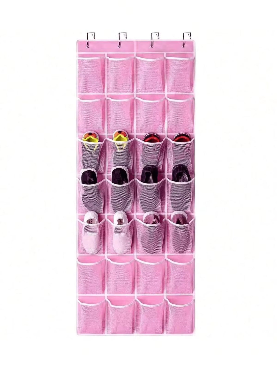 1pc Pink Hanging Shoe Rack, Portable & Foldable, Sturdy & Durable, Stores Sports Shoes, Leather Shoes, Slippers, Casual Shoes, Boots, Large Non-Woven Storage Bag, Door Hanging Strap With 28 Net Pockets & 4 Stainless Steel Hooks