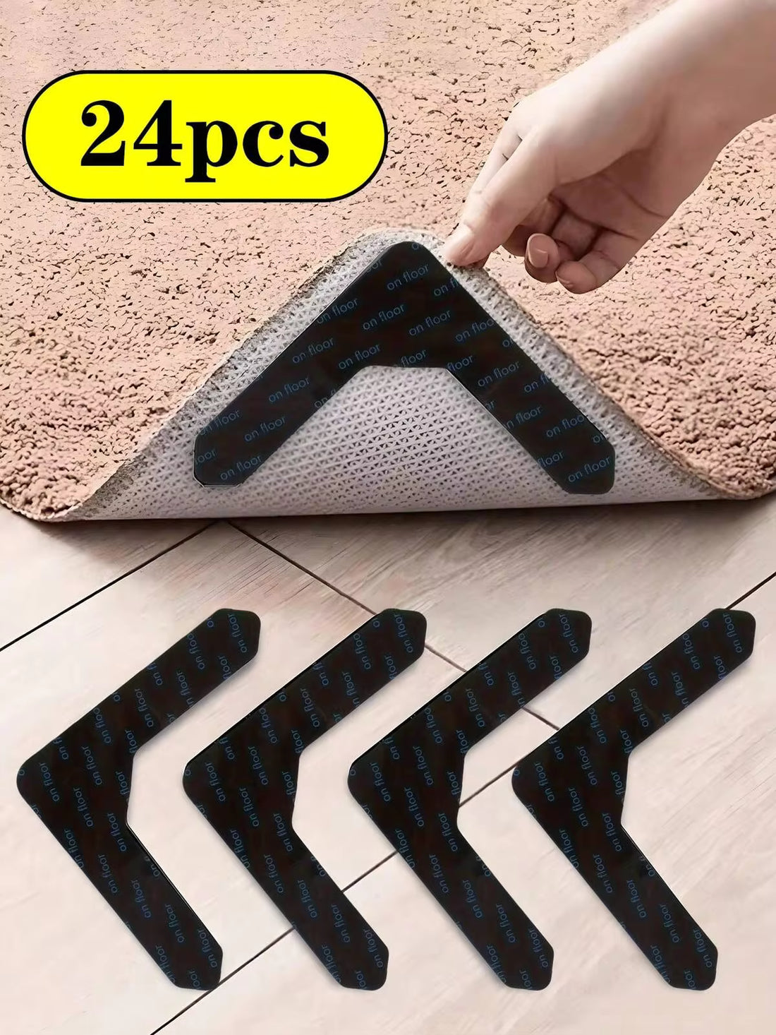 24pcs/16pcs/8pcs/4pcs/1pc Carpet Tape, Washable Anti-Slip Double-Sided Tape, Reusable Carpet Non-Slip Pad, Multi-Purpose Corner Adhesive Tape, Suitable For Living Room, Bedroom, Kitchen And Bathroom Carpet Fixing, Anti-Slip Carpet Tape And Mat